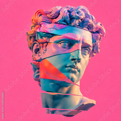A fragmented classical bust glows in vibrant blue and pink against a bright background.