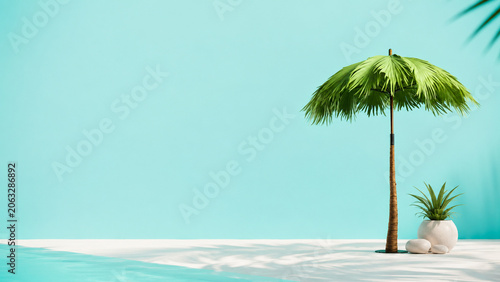 A tropical sun lounger rests beneath a palm leaf umbrella beside the turquoise sea.