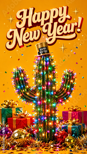 A festive cactus wrapped in colorful lights stands among gifts beneath a Happy New Year greeting.