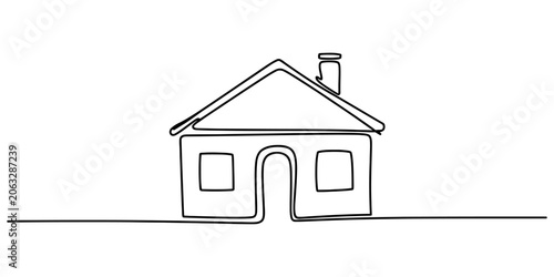 Simple continuous line drawing of a house with a chimney and a door and windows Vector, illustration