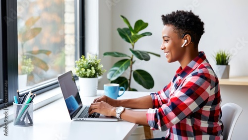 inclusive remote work scene featuring adult with assistive tech