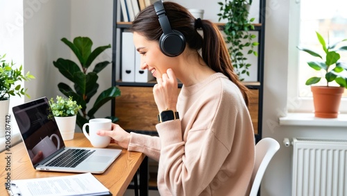 young freelancer using hearing aid while typing on laptop