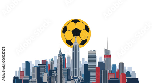 Fotografija Soccer Ball Above City Skyline Towers.