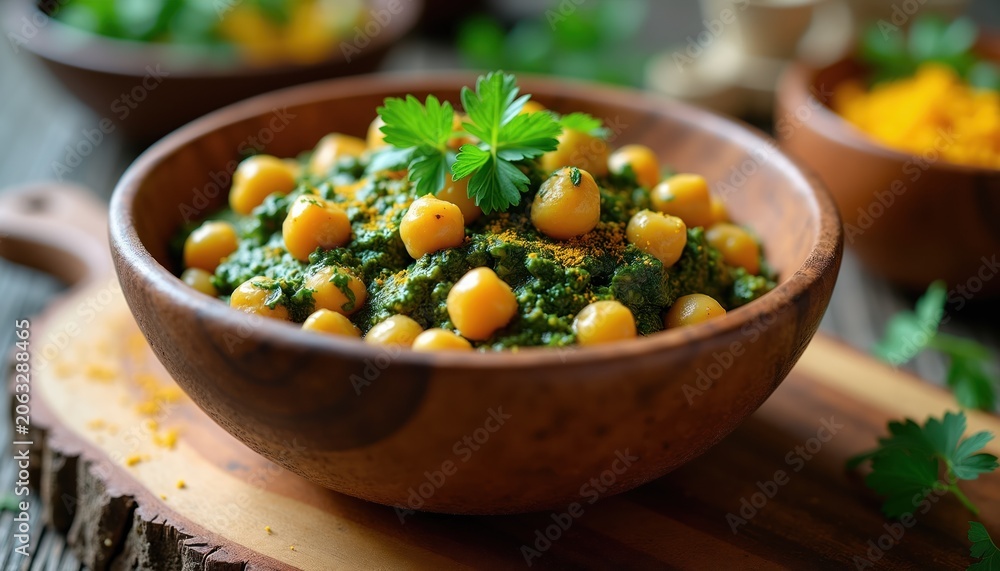 Fototapeta premium Chickpea spinach curry served in rustic wooden bowl. Green leafy mixture with yellow peas garnished with parsley. Healthy vegan meal with Indian spices.