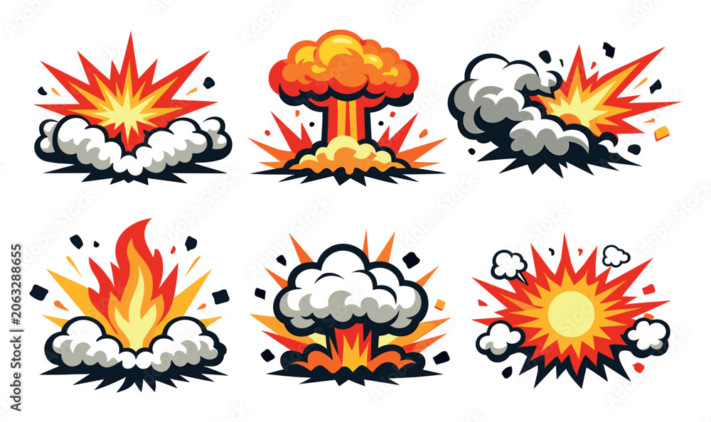 Fototapeta premium Bombs exploding, fire blasting, and mushroom clouds rising with smoke, flames, and debris