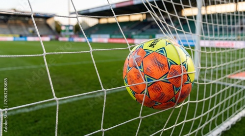 Colorful soccer ball resting in the goal net on a green stadium pitch