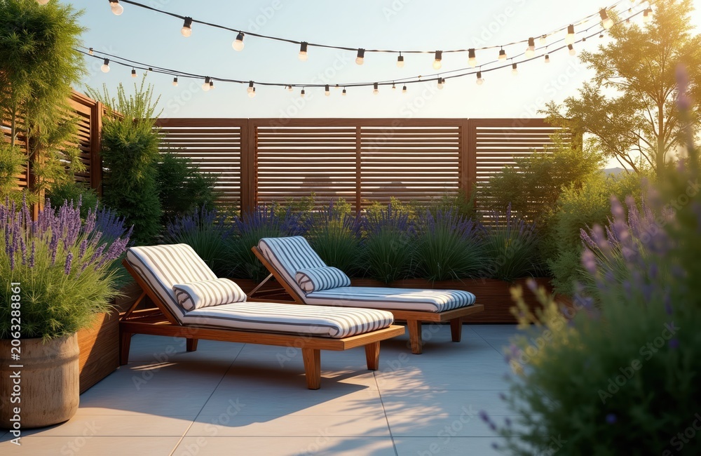 Fototapeta premium Rooftop patio with lounge chairs and string lights. Rich plants and lavender surround wooden furniture. Ideal for relaxation and outdoor entertaining with city views.