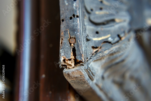 Wood Damage on a Carved Frame Shows Signs of Wear and Age in a Domestic Setting