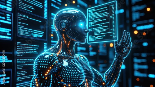 glowing wireframe humanoid exploring a digital binary data realm
