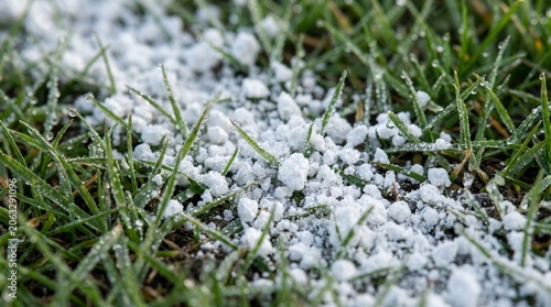 Macro close-up of white chalk line granules and morning dew drops on green sports pitch grass