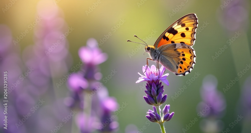 Fototapeta premium Butterfly On Lavender Flower Spring Garden