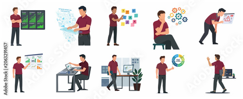 Photos Business man character set performing various office tasks, data analysis, and p