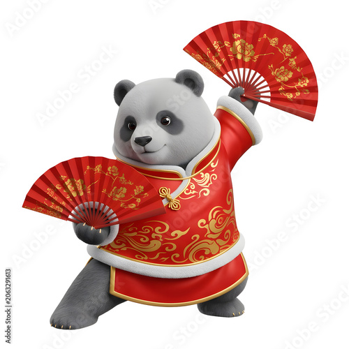 Cute panda in traditional dress holding red fans