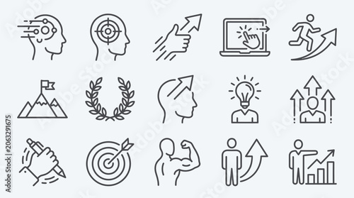 Obraz na plátne Set of Vector Line Icons Related to Persistence, Determination, Purposefulness, Assertiveness, Striving for Development