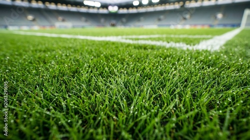 Close-up view of wet green stadium grass and white pitch lines with blurred arena background
