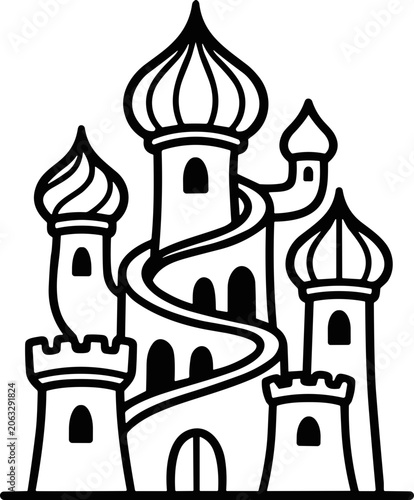 Obraz na plátne Whimsical Castle Illustration with Swirling Ramp and Domes - Vector Art