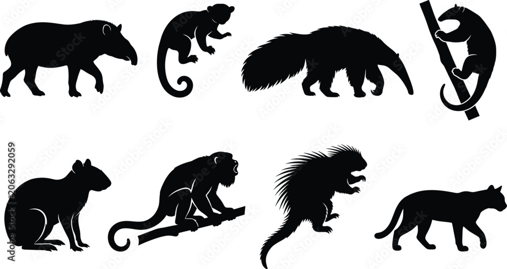 Obraz premium South American Wildlife Animal Silhouette Collection Featuring Exotic Mammals and Forest Species Bundle
