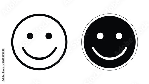 Two smiley faces, one black and one white, on white background, black and white, emoticons simple