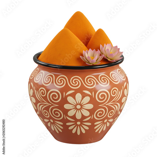 Turmeric powder in decorative pot with lotus flowers