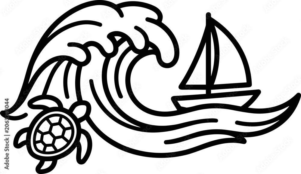 Fototapeta premium Sailboat Navigating Ocean Waves with Sea Turtle Illustration
