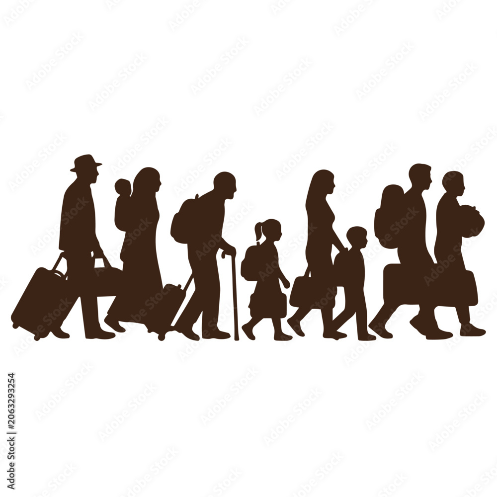Fototapeta premium Group of people traveling carrying luggage silhouettes with silhouette, traveler