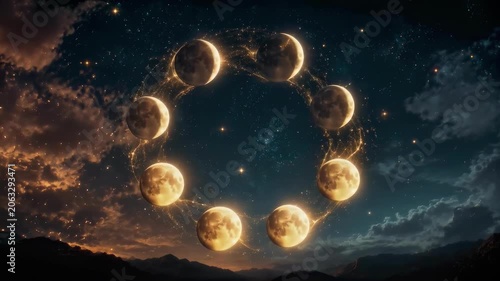 Animated lunar cycle showing moon phases arranged in a glowing circle against a starry night sky. Celestial concept representing astronomy, time and natural cycles.