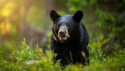 A large black bear stands in a lush green forest, looking directly at the camera with a hint of sunlight shining through the trees