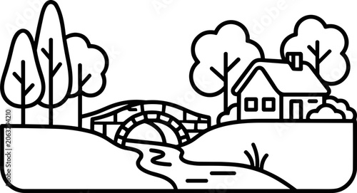Fotografia Charming Countryside Landscape with Stone Bridge, River, and House - Line Art
