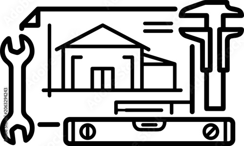 Fotografie Construction Blueprint, House Plan, Tools, Engineering, Architecture - Vector Ic