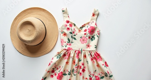 Spring Fashion Floral Dress And Hat Flat Lay