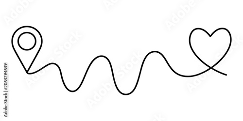 Map pin location connected to heart shape by a wavy line, simple illustration