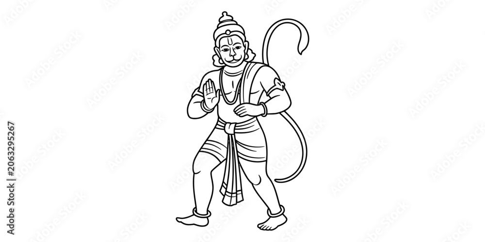Obraz premium Hanuman deity line art, indian god, monkey god, hindu mythology, warrior pose