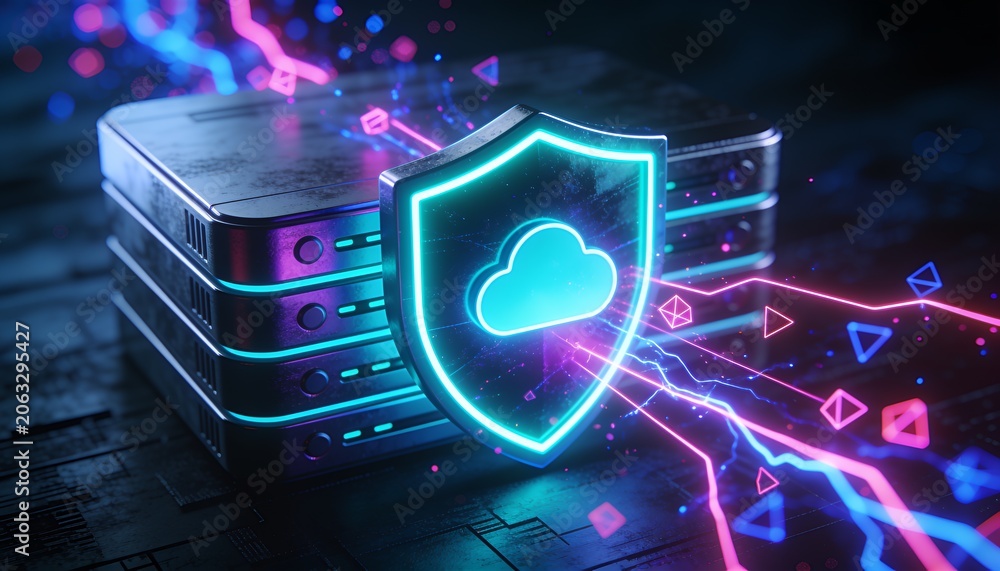 Fototapeta premium Cloud server infrastructure protected by digital firewall, cybersecurity and data protection concept, secure cloud services and modern IT network security illustration