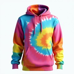 Colorful tie dye hoodie isolated on white background. Vibrant spiral pattern with rainbow colors. Casual unisex sweatshirt with front pocket and hood.