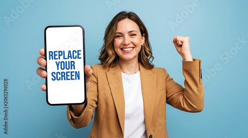 Professional woman in blazer holding phone with replace your screen message on display, professional