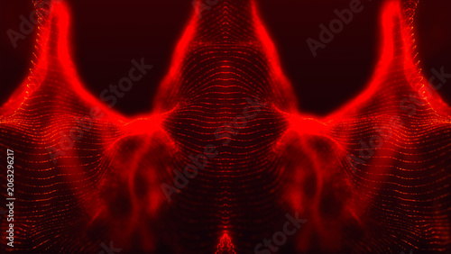 Vászonkép An abstract, undulating surface of glowing dots and lines creates a dynamic digital structure