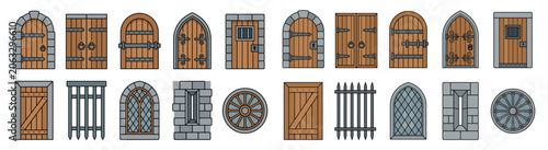 Medieval Wooden Doors and Castle Windows Set With Stone Frames and Iron Hardware Vector Icons