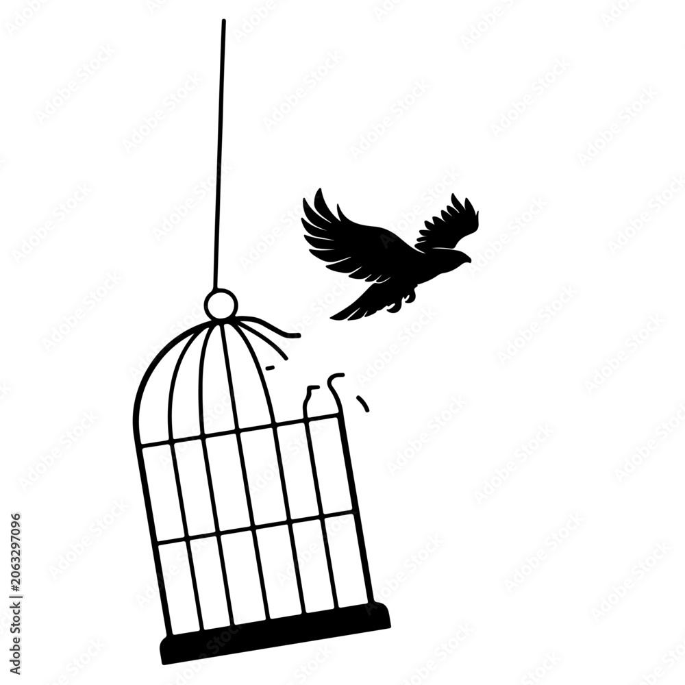 Fototapeta premium Bird Escaping Broken Cage Silhouette