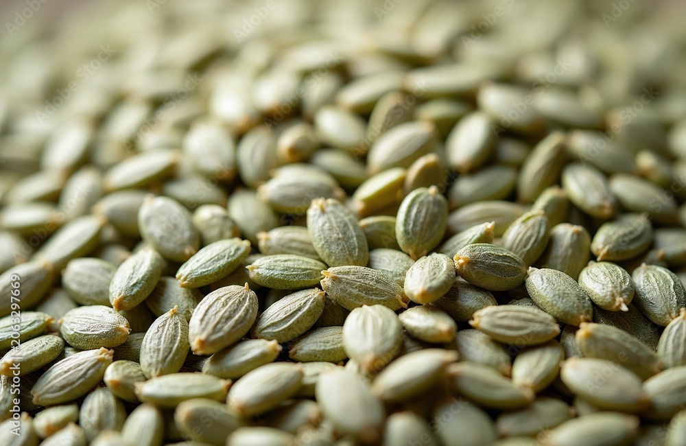 Obraz premium Macro photo of shelled hemp seeds. Green grain pile, organic superfood. Healthy food background texture, natural nutrition source. Raw kernels for diet.