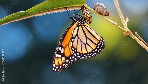 monarch butterfly danaus plexippus emerging from the chrysalis on milkweed branch