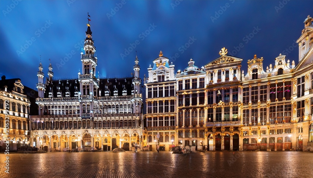 Obraz premium facade of the typical buildings on grand place in brussels by night belgium