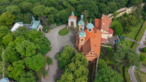 Saint Lawrence Cathedral, Prague, Czech Republic, aerial drone view