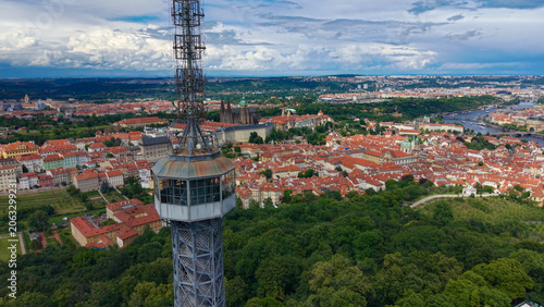 Petřín Tower, Prague, Czech Republic, aerial drone view