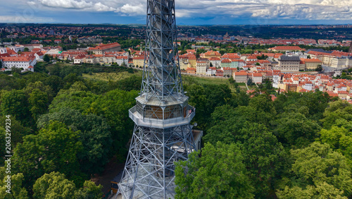 Petřín Tower, Prague, Czech Republic, aerial drone view