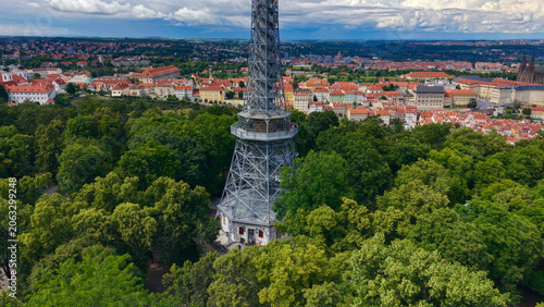 Petřín Tower, Prague, Czech Republic, aerial drone view