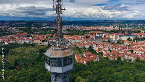 Petřín Tower, Prague, Czech Republic, aerial drone view