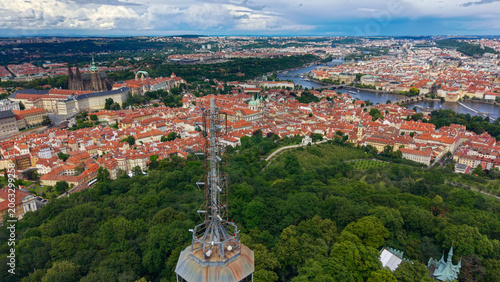Petřín Tower, Prague, Czech Republic, aerial drone view