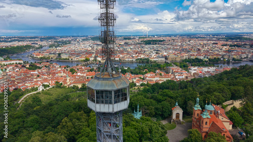 Petřín Tower, Prague, Czech Republic, aerial drone view