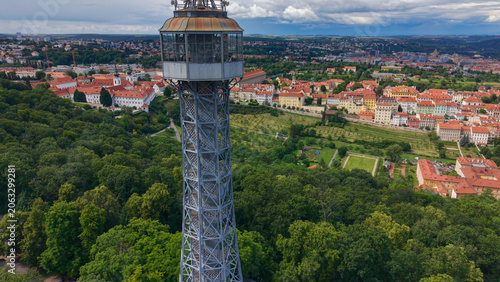 Petřín Tower, Prague, Czech Republic, aerial drone view