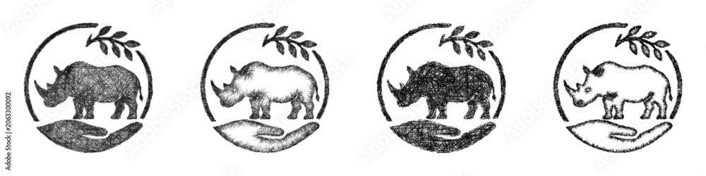 Fototapeta premium Sketch rhino conservation icon design set